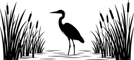 Obraz premium Heron Silhouette with Cattails in a Marshy Wetland