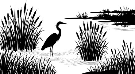 Obraz premium Heron silhouette in a marsh landscape with cattails and reeds