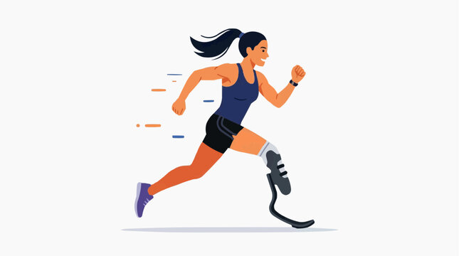 Athlete female running with prosthetic leg, symbolizing strength, determination, and overcoming challenges in sports and life journey, flat vector