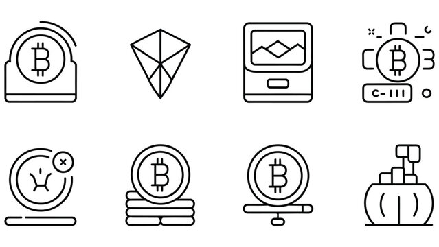 Collection of minimalist line art icons representing cryptocurrency and financial technology concepts including Bitcoin charts and digital assets