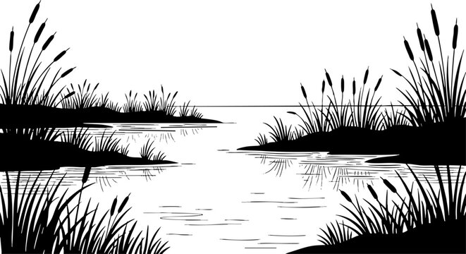 Black and white silhouette of lake landscape with reeds and cattails