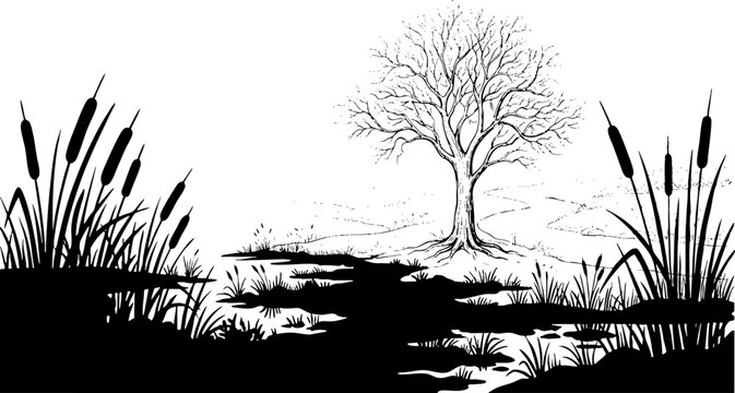 Black and white hand drawn landscape sketch with tree and pond