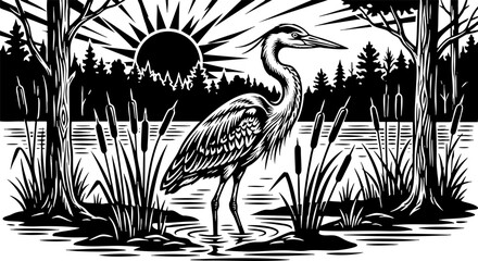 Fototapeta premium Great Blue Heron in a Marsh at Sunrise Linocut Illustration