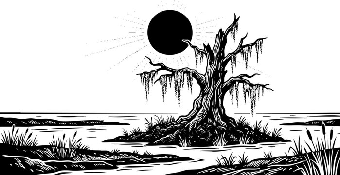 Eerie Swamp Landscape with Dead Tree and Eclipse Illustration