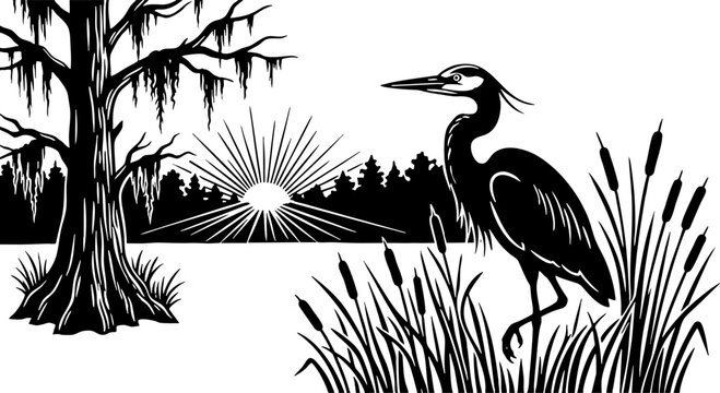 Heron standing in swamp with cypress tree and sunrise illustration