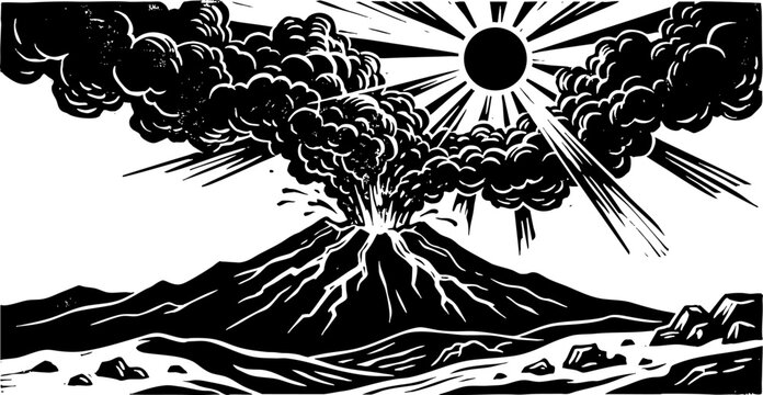 Retro Woodcut Illustration of an Erupting Volcano