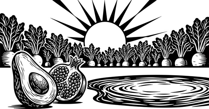 Woodcut style harvest landscape with avocado, pomegranate and sun