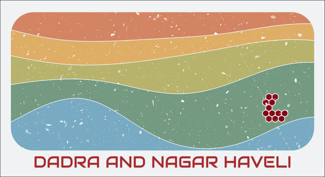 Dadra and Nagar Haveli, India vintage logo. Hexagon dots shape of the state on retro colored stripe waves background. Dadra and Nagar Haveli, India map design with grunge scratch texture.