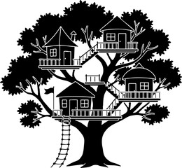 Fototapeta premium Black and white silhouette of a complex multi-level treehouse