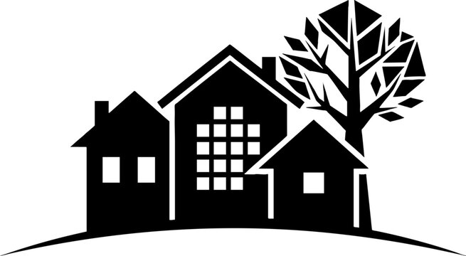 Black silhouette icon of suburban houses and a tree vector