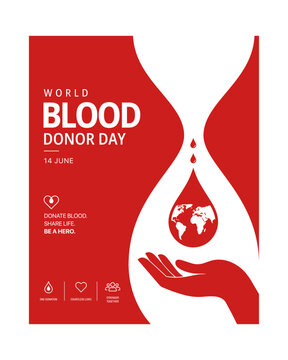 Creative World Blood Donor Day vector poster featuring blood drop, helping hand, and global donation awareness theme in red minimal design. Ideal for healthcare campaigns, medical posters, awareness.