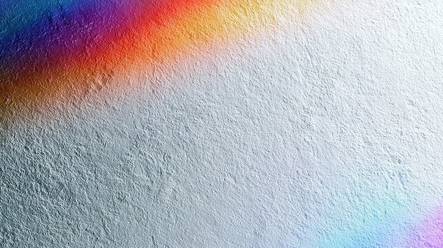 Abstract backdrop with rough white grainy texture and diagonal rainbow‑hued gradient band stretching upper left across top, blue‑purple soft glow gradient at bottom right, ideal for graphic design