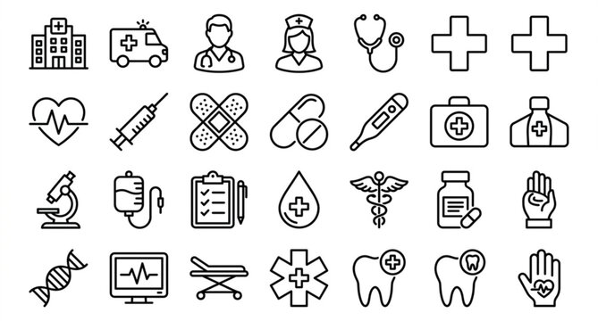 Healthcare line icon set with medicine and hospital symbols