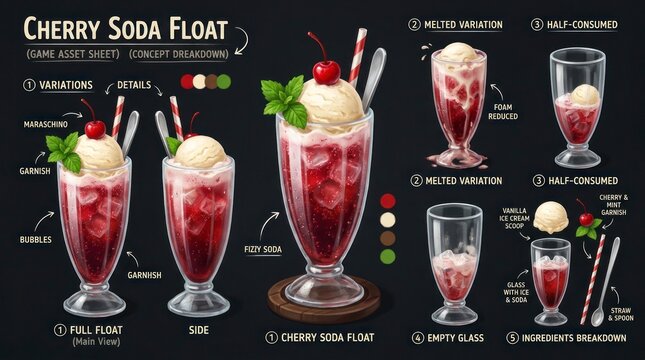 Delicious Cherry Soda Float with Ice Cream and Fresh Mint on Black Background.