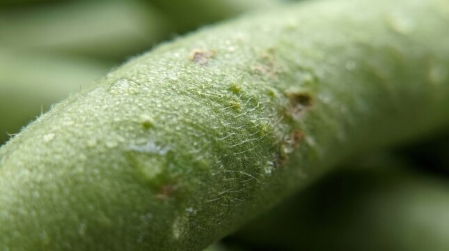 Ultra close-up of green bean surface texture and tiny fuzz, natural vegetable realism, shallow DOF