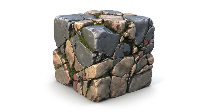 Moss covered stone block cube structure.