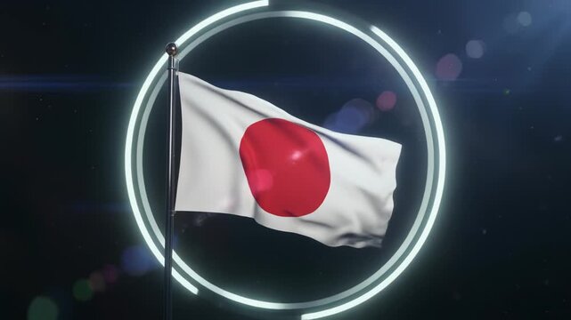 光輪に包まれ浮かび上がる幻想的な日本国旗