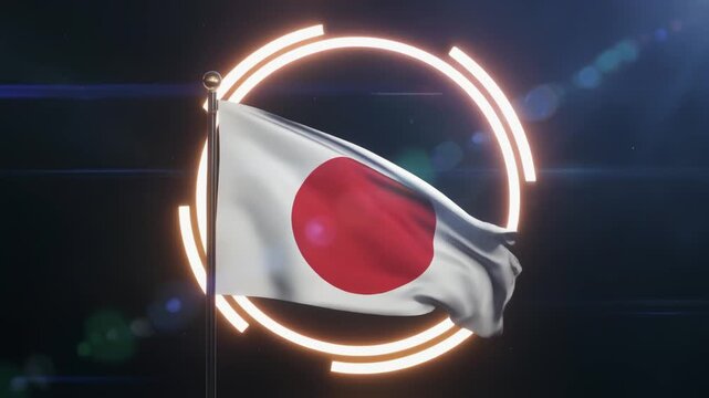 光輪に包まれ浮かび上がる幻想的な日本国旗