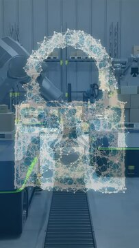 Vertical video: On signal mesh padlock forming, securing, then dissolving, revealing bots, boxes