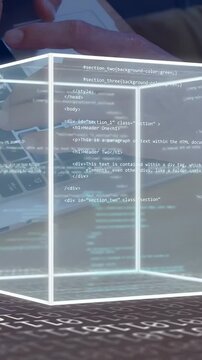 Vertical video: Glowing cube appearing after key tap, filling with code, rotating to show live code