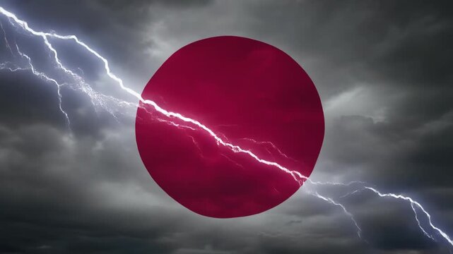 雷光と電撃が走る荒天の日本国旗