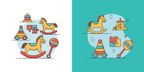 Naklejka premium Child nursery toy icons and wooden play set.