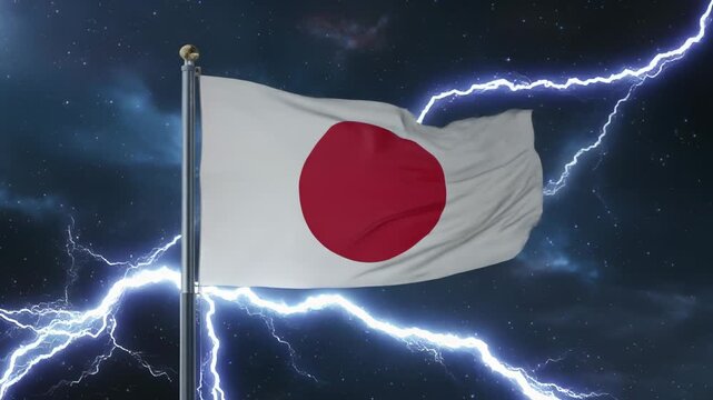 雷光と電撃が走る荒天の日本国旗