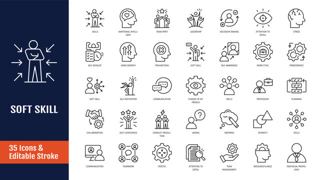 soft skill icon set. icons related to interpersonal skill, confidence, problem solving, communication and more. outline icon with editable stroke. vector illustration