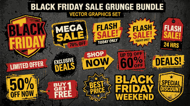 Vibrant black friday sale sticker and badge bundle with bold typography and grunge textures for promotional design