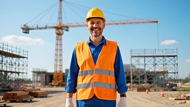 Man in orange safety vest and yellow hard hat standing on construction site with crane