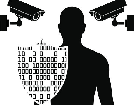 Man silhouette with security cameras and binary code