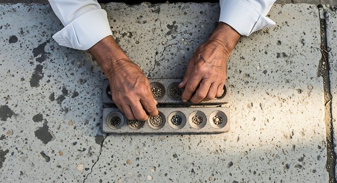 Hands play a traditional game on a concrete surface with small objects