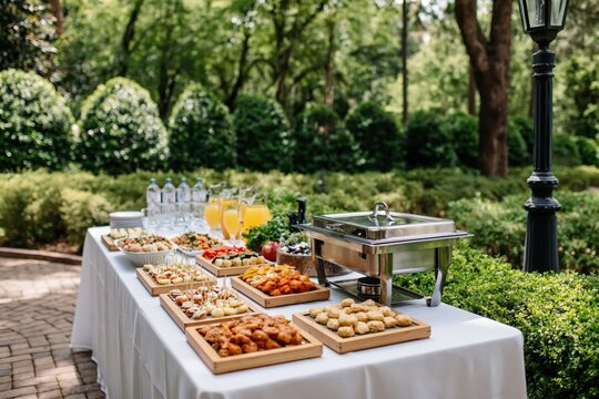 Outdoor garden party buffet catering with appetizers and drinks