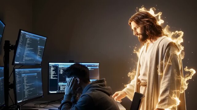 Stressed Software Engineer Assisted by Jesus Christ in Dark Office