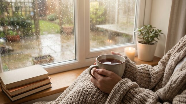 Cozy rainy day scene by the window, person enjoying a warm beverage and a good book