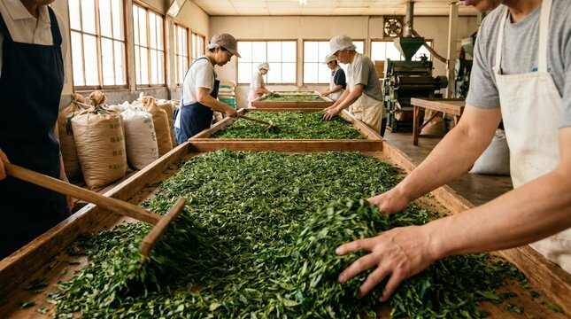 Tea processing Workers meticulously sort fresh tea leaves on long wooden tables
