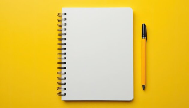 A spiral bound notebook and a yellow pen on a bright yellow background for writing or drawing inspiration