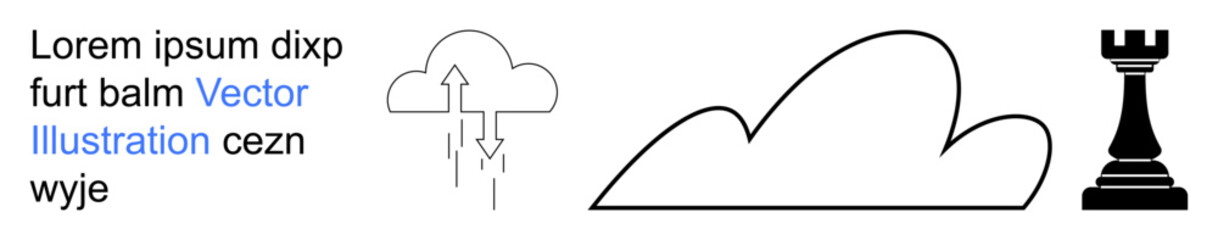 Weather icons, game strategy, meteorology, minimal design, cloud computing, symbolic imagery. Cloud outline, rain cloud and rook chess piece displayed. Weather icons and game strategy concept © robu_s