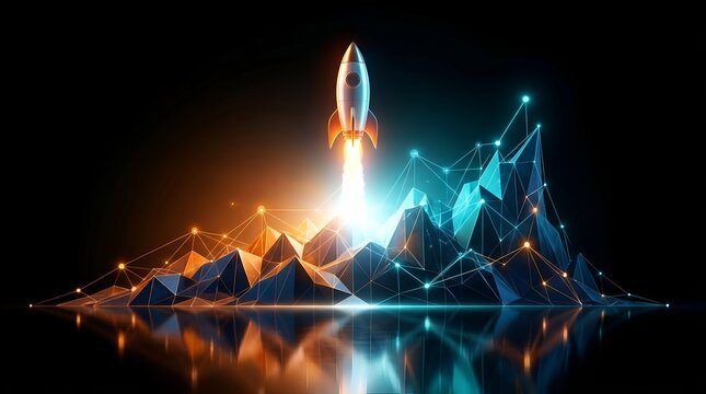 A futuristic digital rocket launching over low poly network mountains, symbolizing exponential tech growth, crypto surge, and innovation