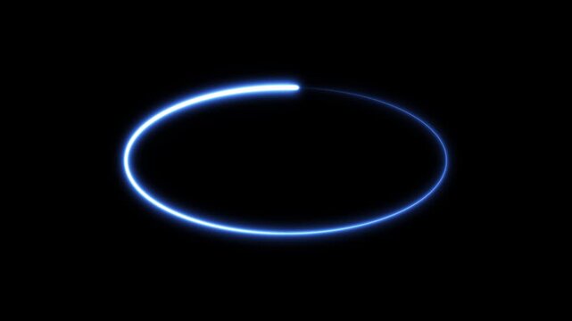 Neon blue glowing light circle spinning in continuous loop on black background.