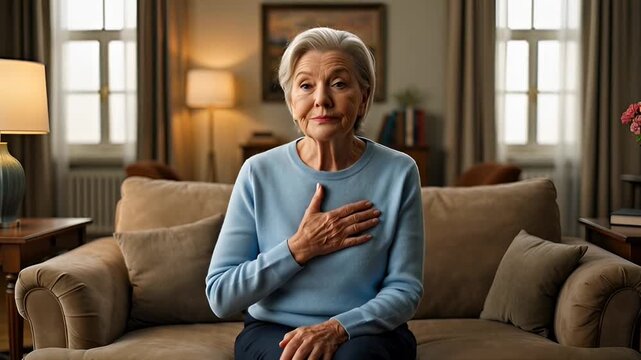 Elderly woman sits on a couch in a living room with her hand on her chest