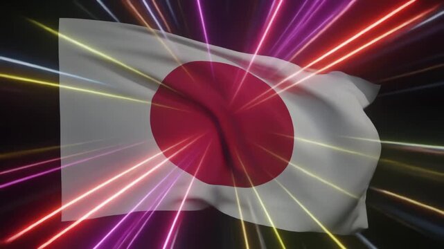 夜風に揺れる日本国旗と交差するネオン光線の近未来アニメーション背景