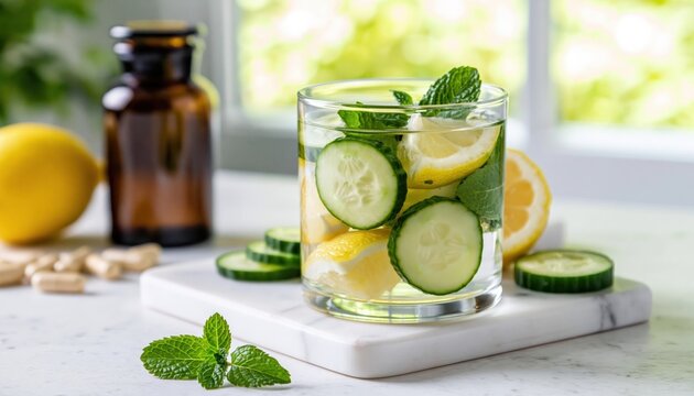 Glass of detox water with cucumber and lemon