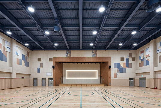 Large School Gymnasium With Stage And Sports Floor