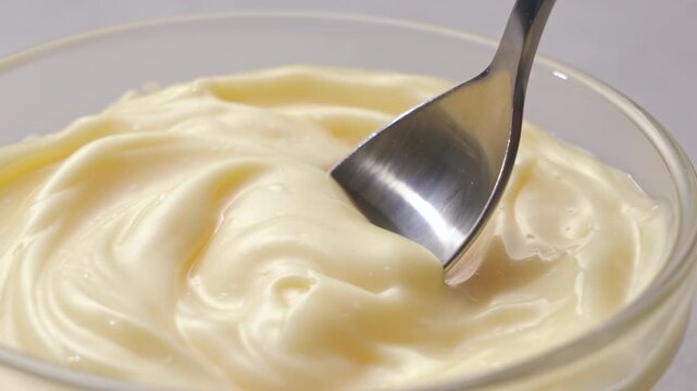 Close up of scooping creamy mayonnaise with a spoon from a glass bowl