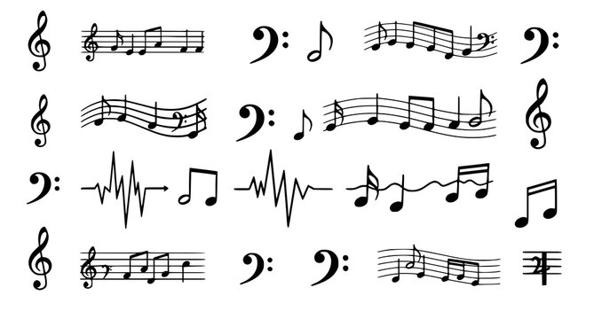 Full musical notes and symbols vector collection with treble clef bass clef and notation icons isolated on white background
