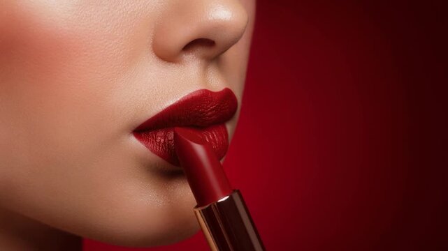 Close up slow motion video of a woman applying bold red lipstick smoothly on lips