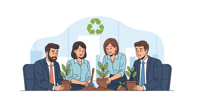 Illustration of a diverse business team in suits and formal shirts planting green saplings in clay pots with soil on a desk, featuring a recycle logo in the background.