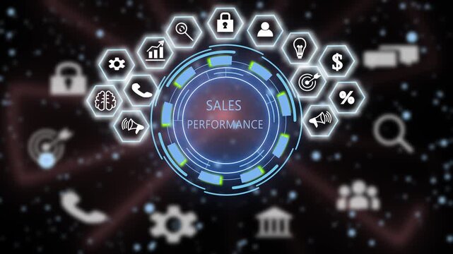 Dynamic sales performance dashboard interface featuring animated digital infographics, business growth analytics, marketing strategy and futuristic hud technology for