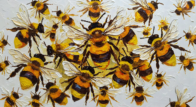 Textured Oil Painting of Busy Bees with Detailed Wings and Bright Colors